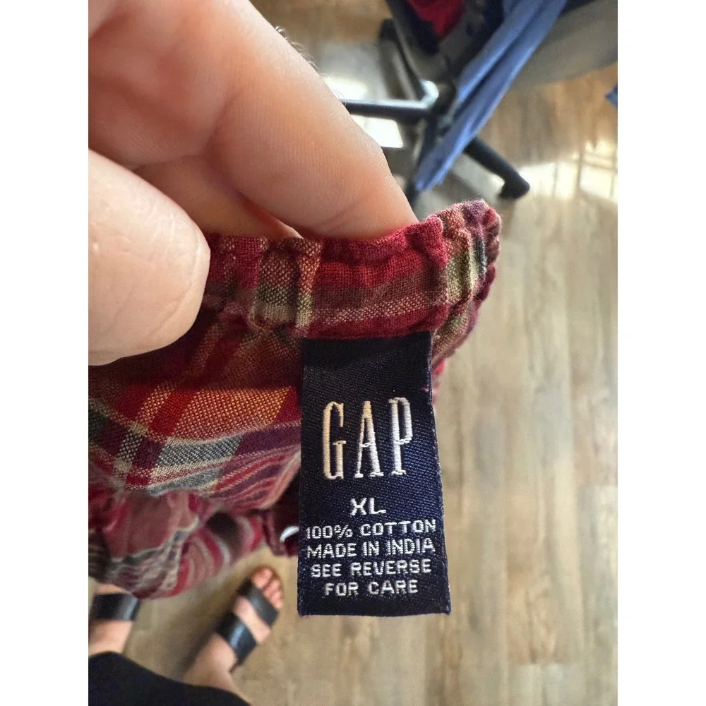 Gap Red Plaid Cotton Skirt XL Elastic Drawstring Waist Tartan Knee Length Slits - Picture 3 of 3